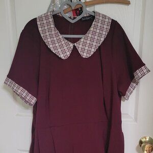 Burgundy Midi Dress with Plaid Peter Pan Collar